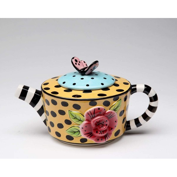 6 7/8" Striped and Polka Dot Teapot with Flower and Butterfly Design