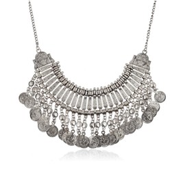 Niaspi Vintage Engraved Coin Tassel Choker Necklace for Women Girls Unisex Boho Ethnic Gypsy Chunky Bib Statement Clavicle Necklaces Bohemian Retro Gothic Collar Carnival Jewelry Costume (Silver)