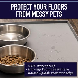 Leash Boss Silicone Pet Bowl Mat - Non-Slip Surface Secures Dog Food Tray - Raised Edge Spill Guard Cat Water Mat - Dishwasher-Safe Silicone Tray for Dog Food & Water - XL 25 x 17 in, Beige