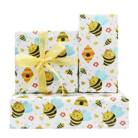 Bee Gift Wrapping Paper for Kids Girls Boys, 4 Sheet Cute Honey Bee Honeycomb Flower Birthday Paper Folded Flat 50 x 70cm per Sheet with Ribbon for Baby Shower Birthday Spring Summer Holiday