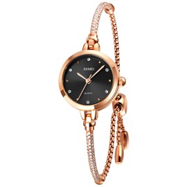 SKMEI Women Bracelet Watches, Diamond Small Fashion Luxury Thin Waterproof Analog Quartz Casual Rose Gold Wrist Watch Gifts, black, 24