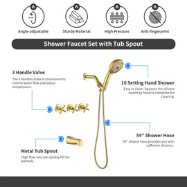 3 Handles Tub Shower Faucet Set with 10 Spray Handheld Shower 3 Handles Shower Tub Kit Wall Mounted Shower System with Tub Spout Brushed Gold Shower Fixtures Tub and Shower Trim Kit