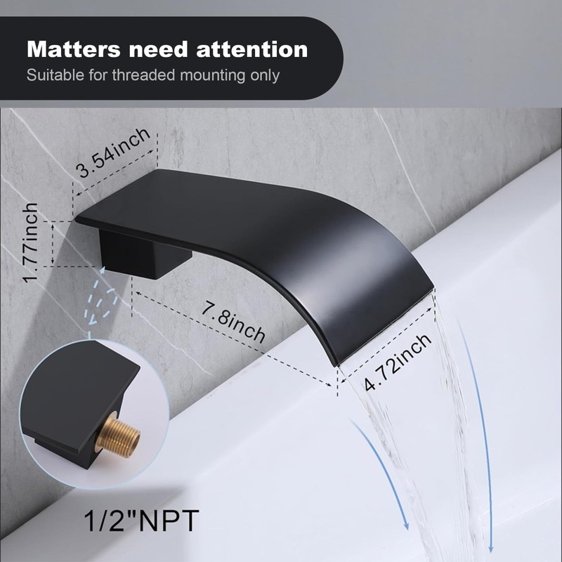 Matte Black Waterfall Tub Spout, High Flow Laminar Waterfall Tub