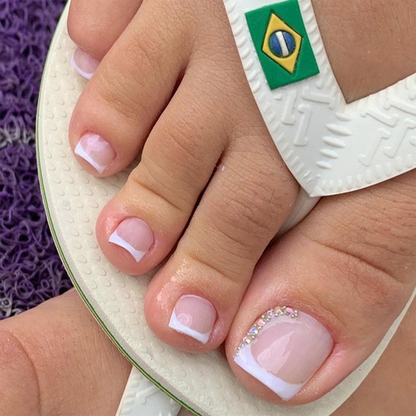 White French Tip Press on Toenails Glitter Rhinestones Fake Toe