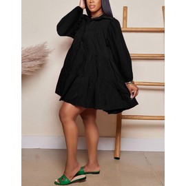 WOKANSE Women Autumn Long Sleeve Tunic Dresses Loose Babydoll Swing Ruffle A Line Tiered Short Dress Black XL