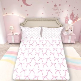 Cartoon Bowknot Kids Fitted Sheet Single Size,Pink Bow Tie Butterfly Knot Princess Bedding Set,Girls Women Room Decor,Watercolor Bow Patchwork Bed Cover,Pink White Bed Sheet,1 Pillowcase