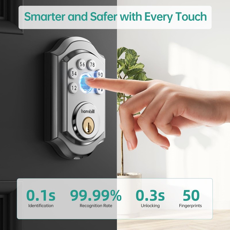 Hornbill Smart Front Door Lock: Silver Fingerprint Electronic Digital Bluetooth