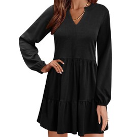 QACOHU Women Spring Tunic Dress 2025 V Neck Casual Loose A-Line Swing Mini Babydoll Dress Black S