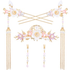 HINZIC 5pcs Flower Tassels Hairpin for Women, Non-Slip Rhinestone Pearl Clover Hair Clips Headpiece, Retro Chinese Hanfu Wedding Brides Hair Accessories for Long Hair