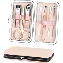 AOMIG Nail Clippers Set, 7 pcs Professional Portable Manicure Kit, Eyebrow Grooming Face Hair Clippers, Stainless Steel Nail Care Tools with Luxurious Leather Case for Travel & Home