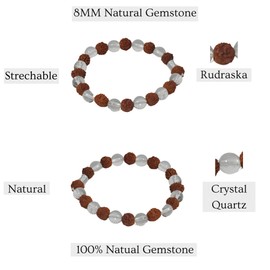 Mystic Gleam Rudraksha Bracelet with Clear Quartz Strech Beads for Men – 8MM Natural Gorgeous Semi-Precious Gemstones – Adjustable, Handcrafted Bead Bracelet Unisex