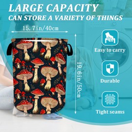 Red Retro Mushroom Laundry Basket, Foldable Waterproof Oxford Cloth Laundry Hamper Funny Tote Bag Dirty Clothes Storage Bucket Toy Organizer for Bathroom/Laundry/Bedroom 15.7"x19.6"