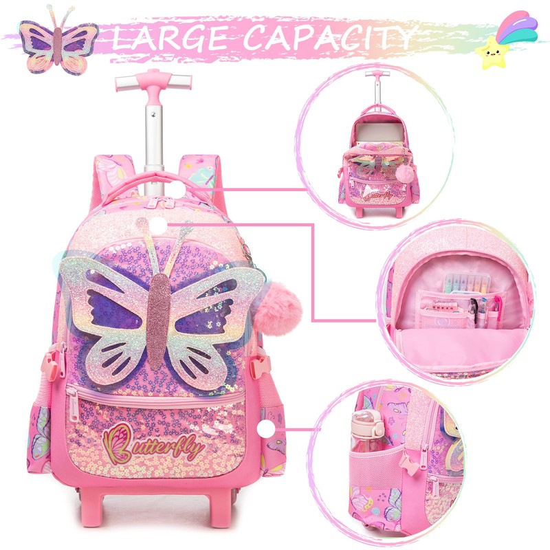 HTgroce Rolling Backpack for Kids Butterfly Roller Backpack for Girl