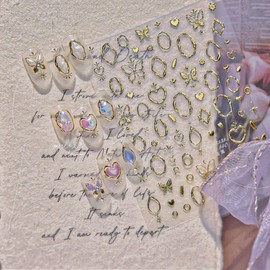 Pegatinas de arte de uñas doradas y plateadas, diseño de corazones de mariposa de vidrio iridiscente, calcomanías decorativas brillantes (oro + plata)