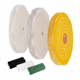 POWERTEC 71631 6 Inch Bench Grinder Buffing Wheel Kit w/ 3pcs Polishing Compound Set Including Black, White, Green Bars and Treated Yellow (40 Ply) Loose Cotton (40 Ply), White Cotton (40 Ply)