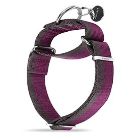 Dazzber Martingale Collar 1.5 Inch Wide 1200D Extra Strong Nylon Dog Collar, No Pull Heavy Duty Dog Collar with 2-Color Stripe for Medium to XLarge Dogs (Extra Large, Purplish Red &Grey)