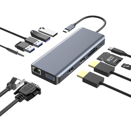 MIOLLYBO 12-in-1 USB C Docking Station Dual Monitor USB-C Hub Multiport Adapter, 4K@30Hz HDMI, 100W PD Charging, SD/TF Card Reader, Audio/Mic, Type-C Adapter for MacBook/HP/Windows/Linux