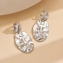 DIAMANTIO Gold Hammered Statement Earrings for Women - Big Drop Dangle Earrings, Minimalist Brass Earrings, Lightweight and Comfortable - Perfect Jewelry for Parties, Weddings, and Daily Wear - Ideal Gift for Special Occasions Deluxe (Silver)