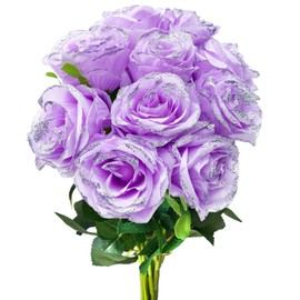 Lokediren 10 PCS Rose Artificial Silk Flowers, Glitter Fake Roses with Long Stems Realistic Faux Purple Rose Bouquets for Valentine's Day Gifts, Mothers Day Flowers Decoration for Home Wedding Party