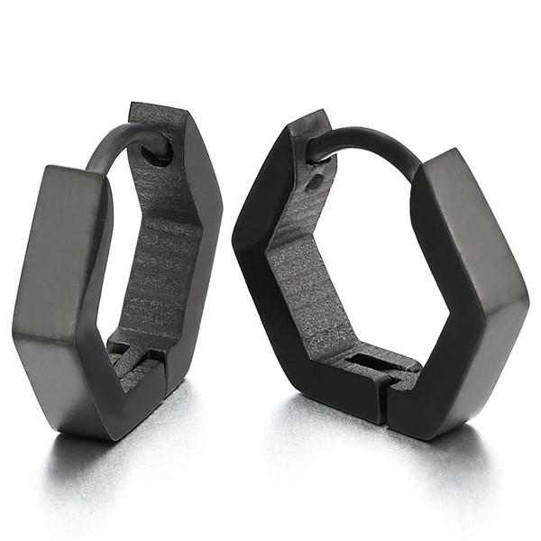 Pair Stainless Steel Plain Black Hexagon Huggie Hinged Hoop Earrings