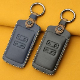 QIULIFAN Renault Fob 4 Button Leather Key Case Cover with Key Ring for Renault Megane Clio Captur Kadjar Espace Dacia Duster Black