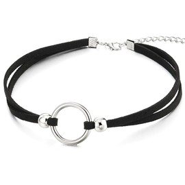 COOLSTEELANDBEYOND Ladies Womens Black Choker Necklace with Open Circle Charm and Beads Pendant(CA)