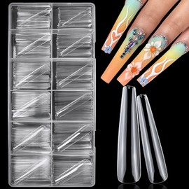 LuckForever 240pc Long Clear Coffin Nails Tips XXL Extra Long Coffin Acrylic Nails Tips Gel Nail Tips Fake Nails Long No Crease Acrylic False Nails Tips 12 Sizes for Salons or DIY Nail Art