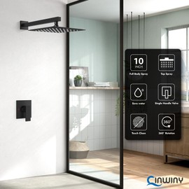 Cinwiny Matte Black 10 inch Wall Mounted Bathroom Rain Shower Faucet Set Single Function Square Rainfall Showerhead Single Handle Shower Trim Kit Male Thread Rough-in Valve Included