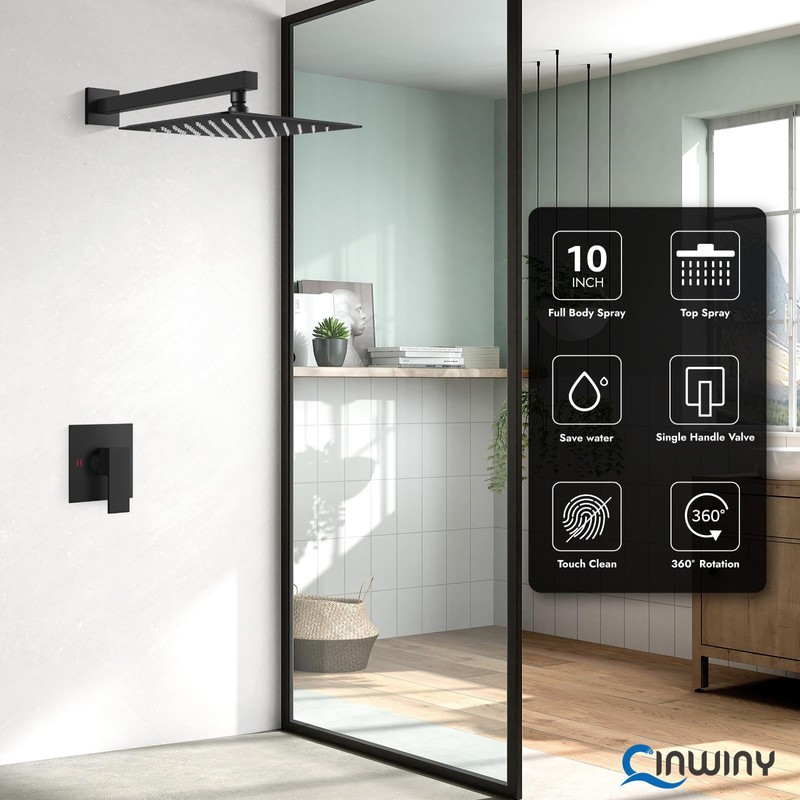 Cinwiny Matte Black 10 inch Wall Mounted Bathroom Rain Shower