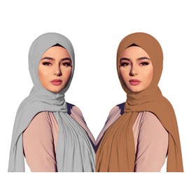ENSTILER 2PCS Solid Color Jersey Hijab Lightweight Soft Muslim Head Scarf Long Scarf Wrap Scarves for Women, Grey,camel