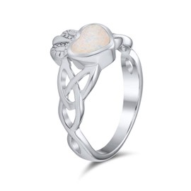 Personalize BFF Celtic Irish Friendship Couples Promise Created Opal Claddagh Ring For Women Girlfriend Teens .925 Sterling Silver October Birthstone Customizable