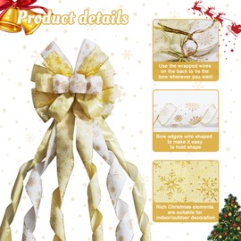 Large Christmas Tree Topper Bow 52x13 Inch, Pre-Tied Wired Ribbon Wreath Bows, Xmas Ornaments with Long Wired Edge Streamer for Holiday Thanksgiving Indoor Outdoor Party Decoration (White Gold)