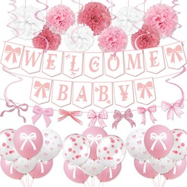 Pink baby shower decorations for Girl Coquette Pink Bow Baby Shower Decorations Girls Welcome Baby Banner Gender Reveal Bow Theme Party Supplies