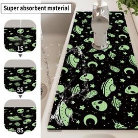 BSADKJFQO Absorbent Splash Guard Mat for Kitchen Sink, 15×5.5 Inch Cute Fast Drying Drip Catcher Behind Faucet Mat, Non-Slip, Washable Sink Mat Gadgets for Bathroom, Kitchen, Bar Cute Alien