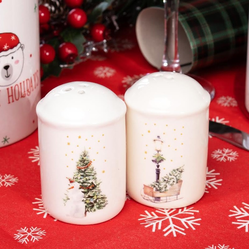 White Christmas Salt and Pepper Shakers Xmas Tree Sleigh Snowman