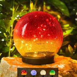Outdoor Waterproof Solar Gradient Red Globe Lights, Led Solar Round Gazing Balls Ornaments for Lawn Garden Patio Table Art Decoration, Back Yard Landscape Illuminated Cracked Glass Sphere Light Orbs