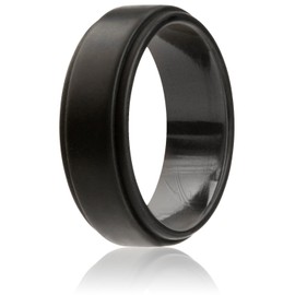 ROQ Silicone Rubber Wedding Ring for Men, Comfort Fit, Men's Wedding Band, Breathable Rubber Engagement Band, 8mm Wide 2mm Thick, Step Edge, Single, Black, Size 11