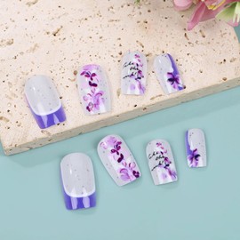 MISUD Spring Press on Nails Short Square Fake Nails Glossy Glue on Nails Purple French Tip Acrylic Nails Squoval Artificial Nails Butterfly Flower Stick on False Nails with Design 24 pcs