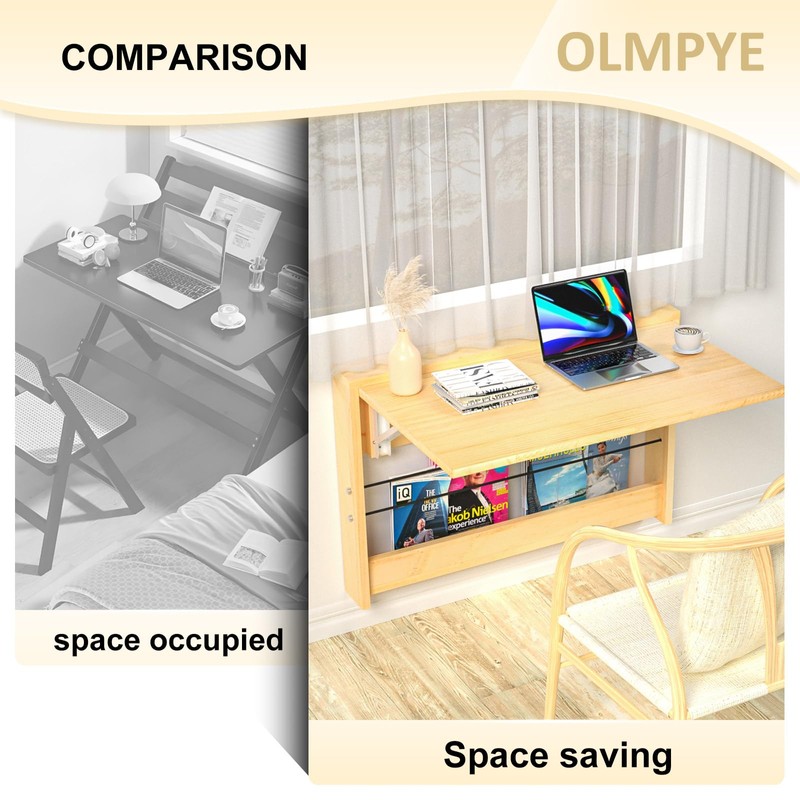 OLMPYE Wall Mounted Folding Table,Wooden Mounted Desk with Iron Bracket,Wall
