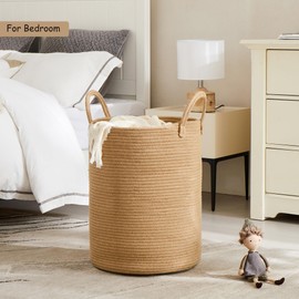 MOJOSCEND 62L Jute Woven Hamper Laundry Basket Wicker Rope Clothes Hamper for Baby Nursery Kids Tall Rattan Blanket Basket in Living Room Bedroom