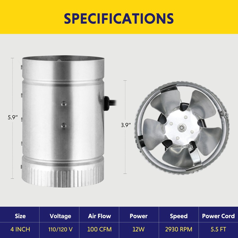 iPower 4 Inch 100 CFM Booster Fan Inline Duct Vent