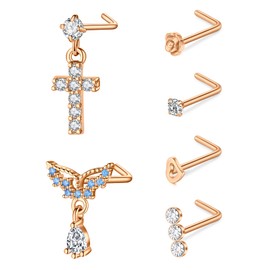 VFUN Dangle Nose Stud 20G Stainless Steel Cross Diamond CZ Nose Ring L Shaped Nose Studs Piercing Rose gold Wing Nose Rings