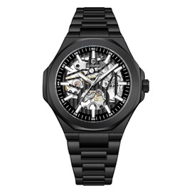 GLENAW Mechanical Skeleton Watch for Men Automatic Self-Winding Wrist Watch with Open Aperture Dial Classic Mens Watches Sliver & Black