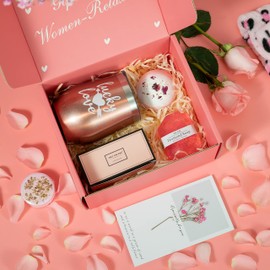 Birthday Gifts For Women Best Friend, Pink Relaxing Spa Gift Box Basket For Her, Unique Gifts for Women Mom Sisters Wife Girlfriend Who Have Everything, Happy Birthday Tumbler Bath Gift Boxes Set