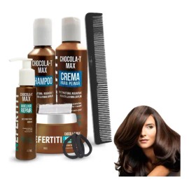Kit Chocolat Max Para Cabello Seco Dañado y Procesado con Queratina - Shampoo Mascarilla Crema y Bioelixir NEFERTITI + Peine Gorro de Baño y Ligas ALFAMAR - Repara Hidrata y Nutre