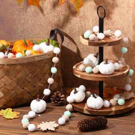 Suncalla 8.2 ft Fall Velvet Pumpkin Garland Fall Felt Garland Thanksgiving Pom Pom Banner Maple Leaf Hanging Banner for Indoor Mantle Wall Fireplace Decor Autumn Harvest Party Favors(White)