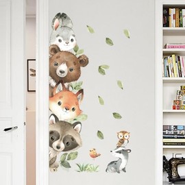 Calcomanías de pared de animales de la selva de acuarela, cuarto de bebé, habitación de los niños, decoración de pared, conejos de zorro, oso, bosque, animales, para jardín de infantes, sala