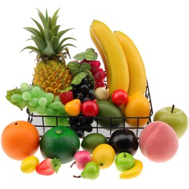 Woration Black Fruit Basket + 25 PCS Artificial Fruit Set Simulation Vivid Fake Mini Fruit Pineapple 3 Heads Banana Grape Lemon Apple Pear Table Centerpiece Home Decoration