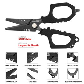 SAMSFX 6.5’’ Fishing Scissors with Non-Slip Grip Handles and Micro Serrated Edges, Shears with Multi-Function and Durable Coating Design (Nylon Sheath, Black Kraton Handle)
