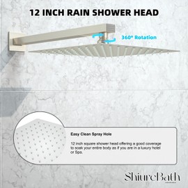 ShiureBath 12 Inch Shower Faucet Set with Tub Spout Bathroom Shower System with 12 Inch Rain Shower head and Handheld Shower Head Set, Brushed Nickel